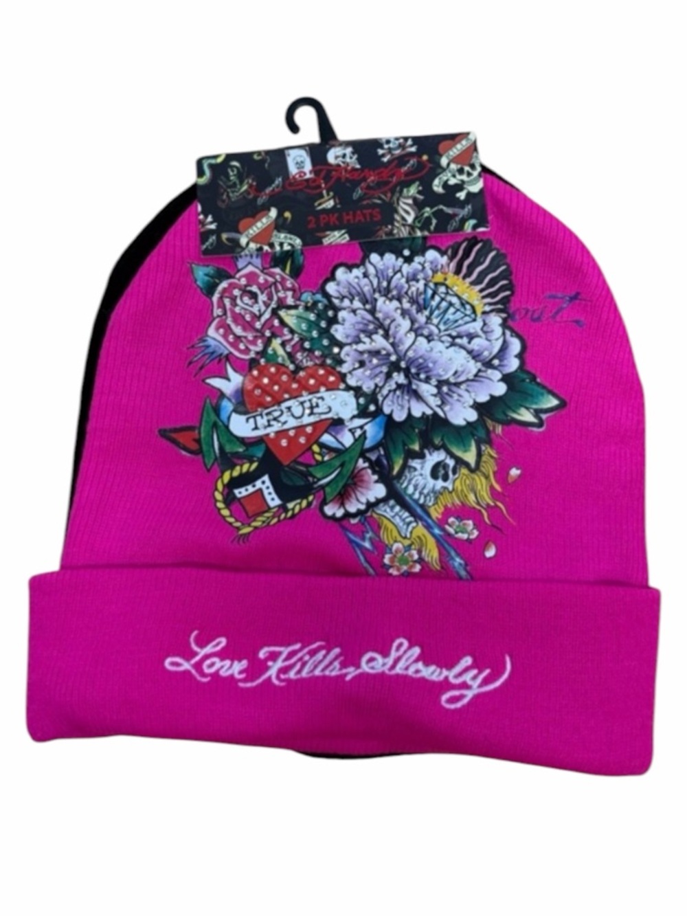 Ed Hardy Beanie Set 2 Pink Graphic + Black Tiger Logo Hat NWT